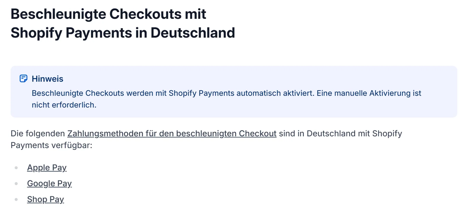 Ausschnitt der Shopify-Hilfe: Beschleunigte Checkouts mit Shopify Payments in Deutschland, Hinweis zur automatischen Aktivierung, Liste mit Apple Pay, Google Pay und Shop Pay