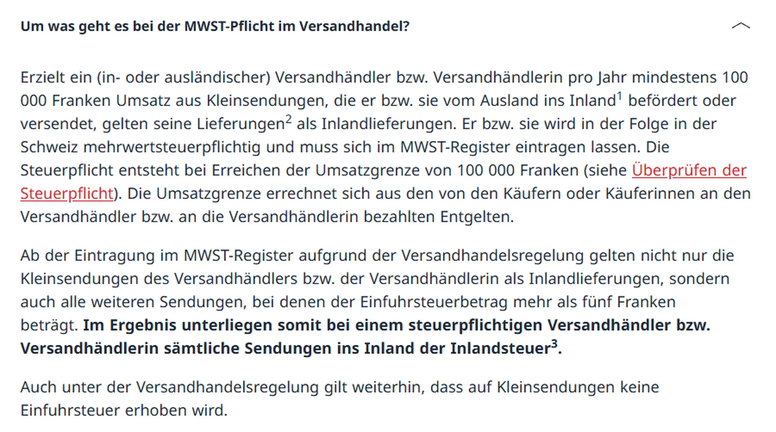 ESTV-Seite Versandhandel und Plattformbesteuerung, aufgeklappte Frage: Um was geht es bei der MWST-Pflicht im Versandhandel? Text zur Umsatzgrenze von 100 000 Franken aus Kleinsendungen