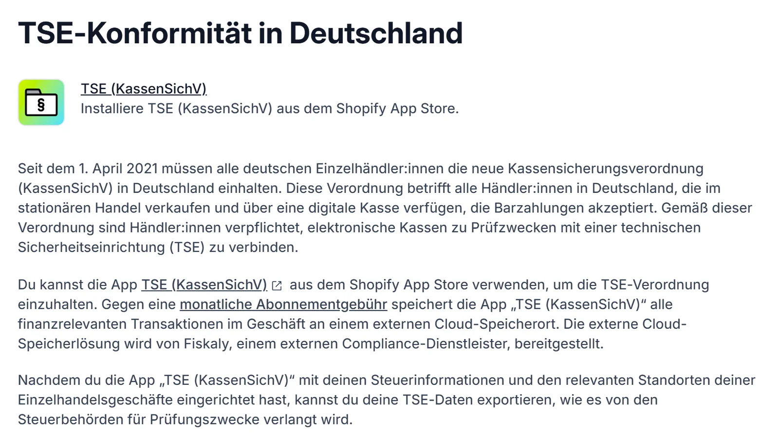 Shopify-Hilfeseite TSE-Konformität in Deutschland mit Hinweis auf die App TSE (KassenSichV), die Pflicht seit 1. April 2021 und die Cloud-Speicherung bei fiskaly
