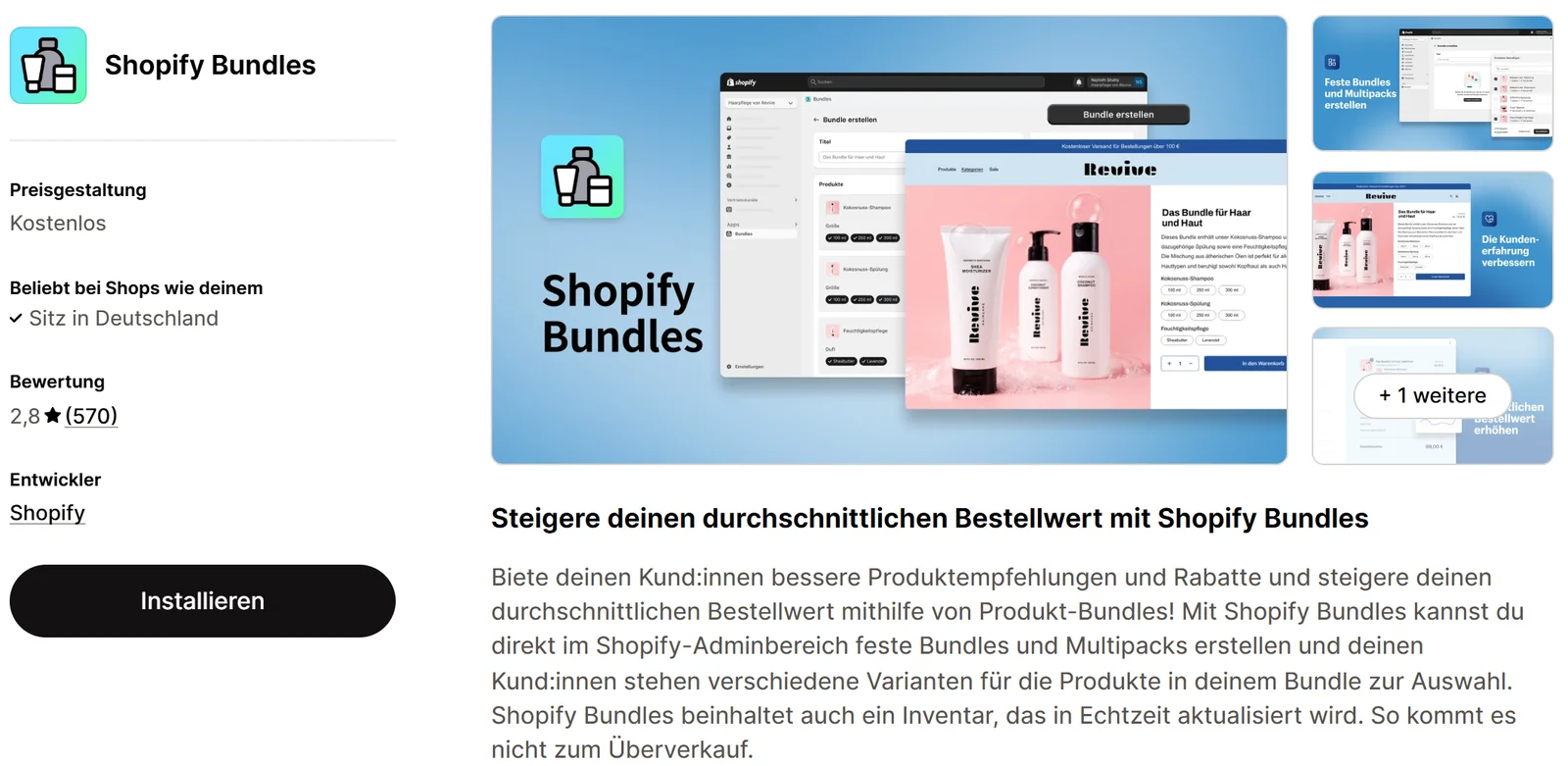 Shopify App Store, Seite der App Shopify Bundles: Preisgestaltung kostenlos, Bewertung 2,8 Sterne aus 570 Rezensionen, Entwickler Shopify, Beschreibung feste Bundles und Multipacks