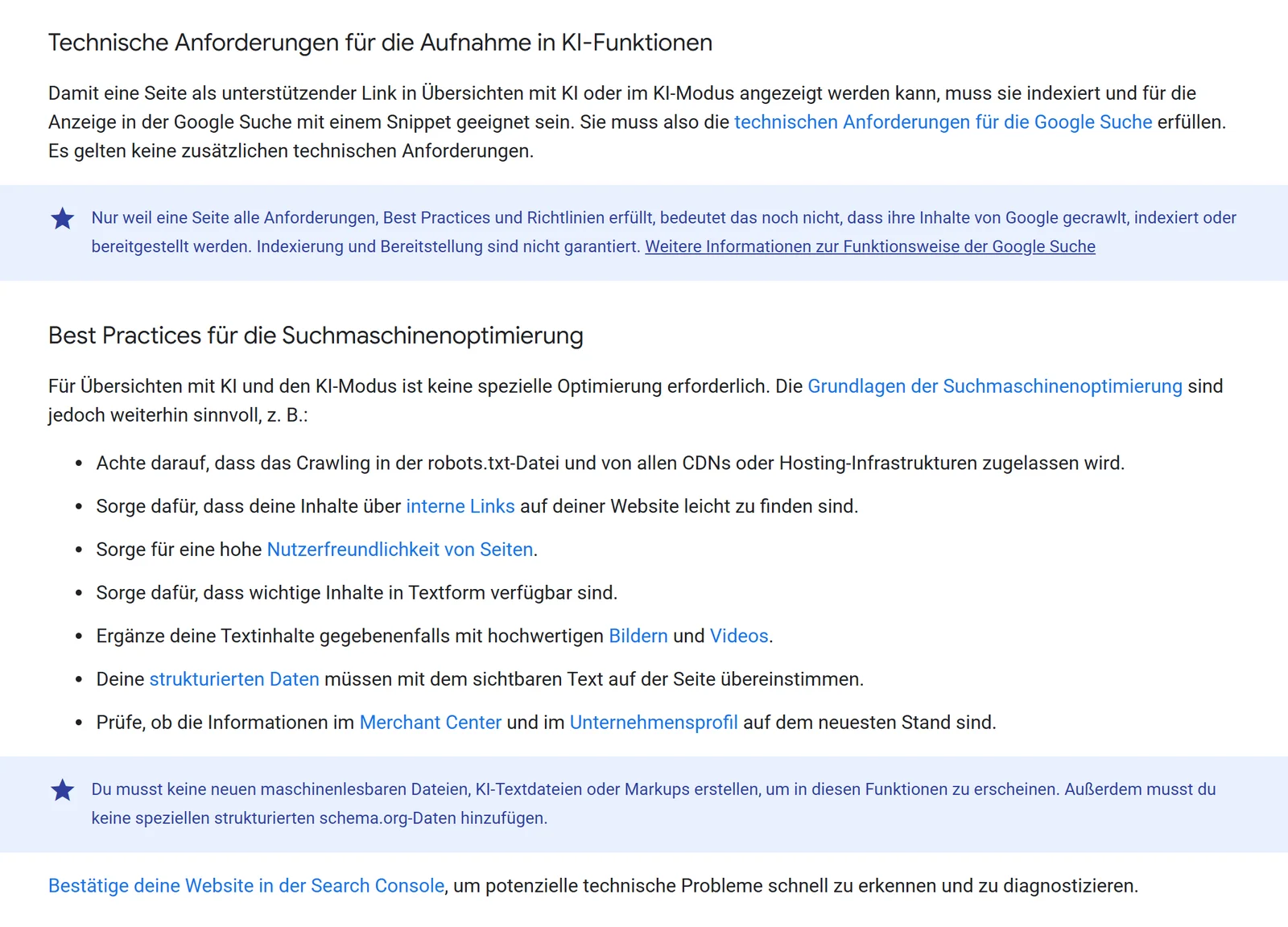 Google Search Central, KI-Funktionen und deine Website: Technische Anforderungen, keine zusätzlichen Anforderungen, Liste der Best Practices bis Merchant Center und Unternehmensprofil