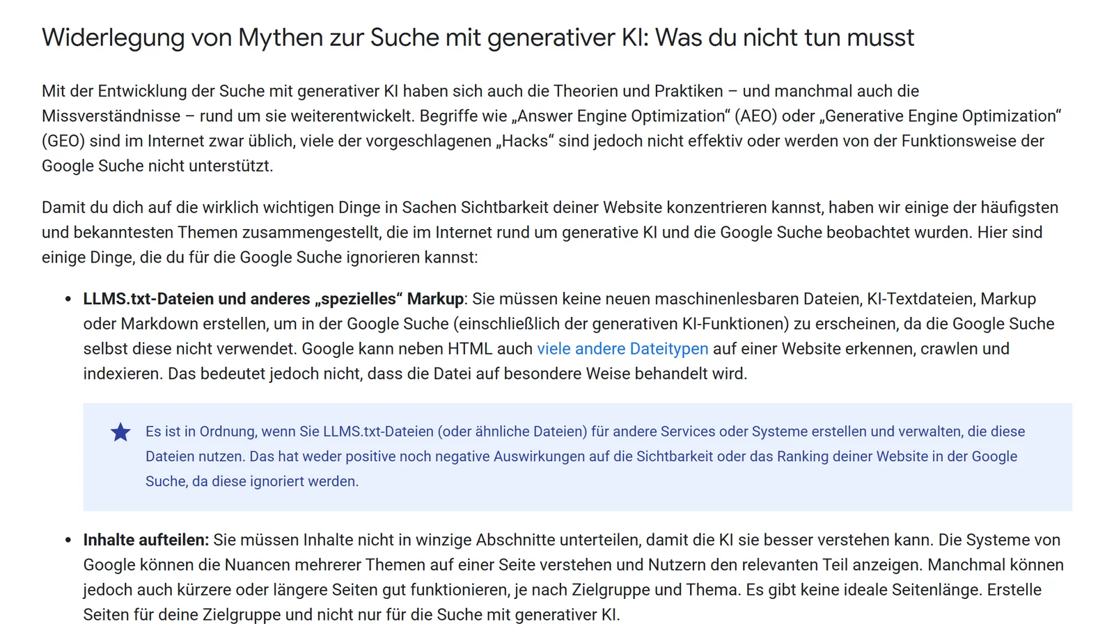 Google-Leitfaden, Abschnitt Widerlegung von Mythen: llms.txt-Dateien und spezielles Markup sind für die Google Suche nicht nötig und werden ignoriert, Inhalte müssen nicht aufgeteilt werden