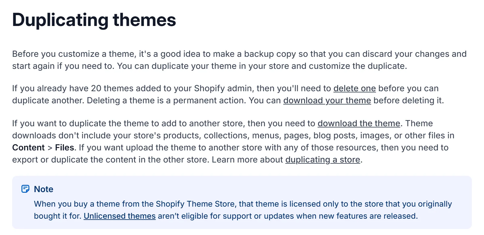 Shopify-Hilfeseite Duplicating themes: vor dem Anpassen eine Sicherungskopie anlegen, höchstens 20 Themes, Theme-Downloads enthalten keine Produkte, Kollektionen, Menüs, Seiten, Blogbeiträge, Bilder oder Dateien