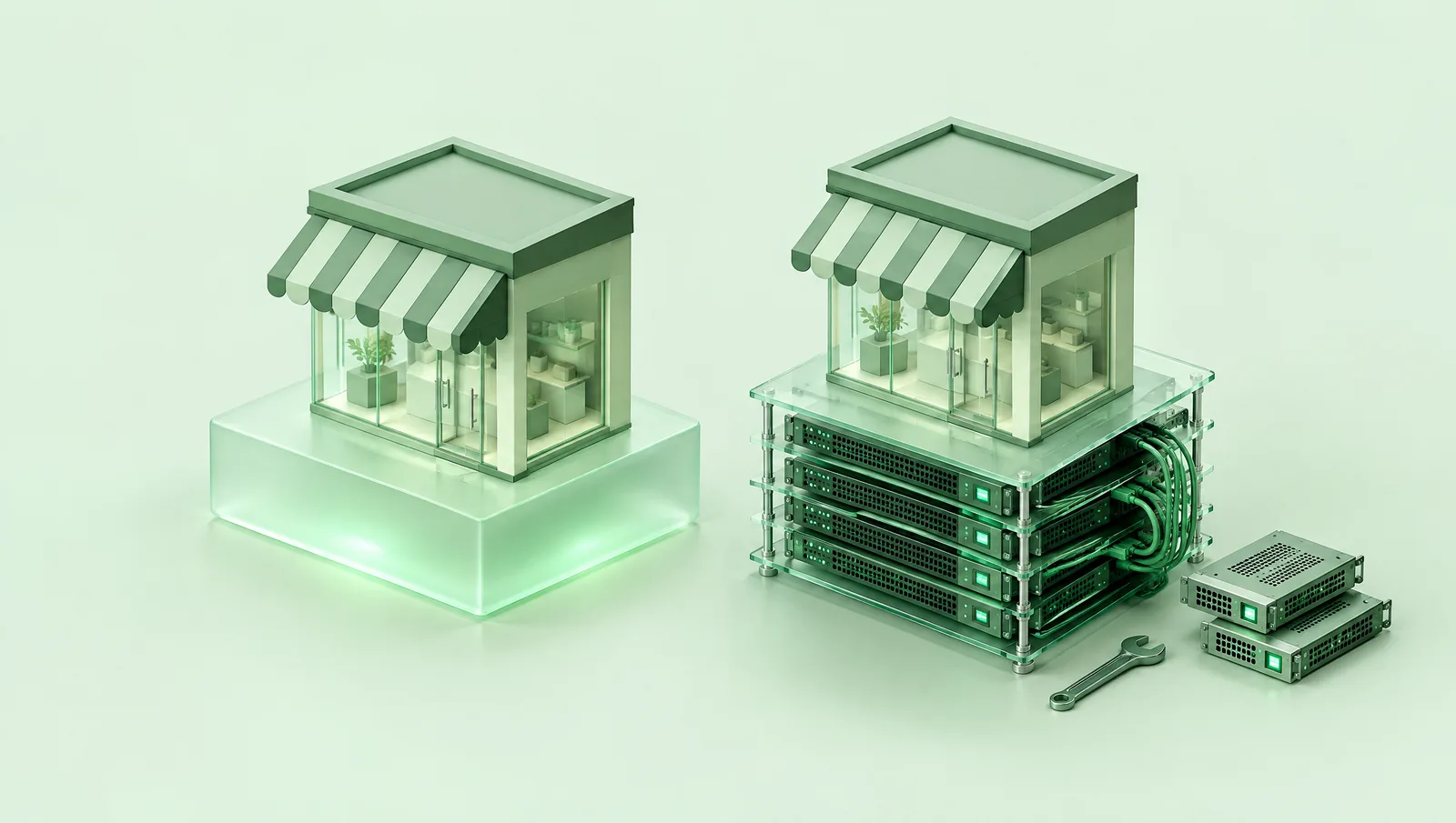 Zwei gleiche kleine Ladenmodelle: links auf einer geschlossenen Glasplattform, rechts auf einem offenen Stapel aus Servermodulen mit Kabeln und Werkzeug daneben