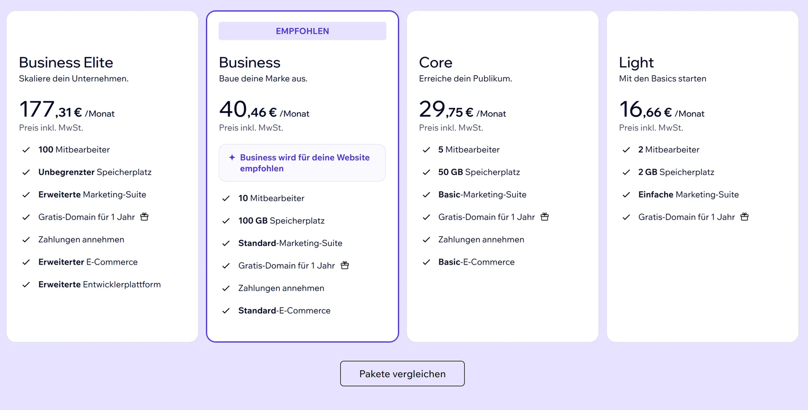Preisseite von Wix mit den vier Premiumpaketen Business Elite, Business, Core und Light und ihren Monatspreisen inklusive Mehrwertsteuer