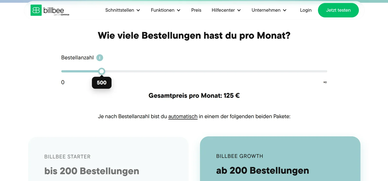 Billbee-Preisrechner mit dem Regler auf 500 Bestellungen und einem Gesamtpreis von 125 Euro im Monat