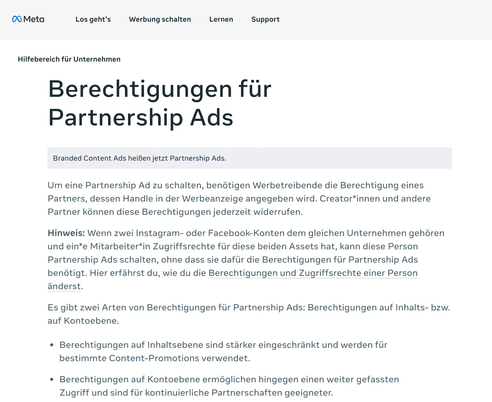 Ausschnitt aus dem Meta-Hilfebereich, Artikel Berechtigungen für Partnership Ads: Branded Content Ads heißen jetzt Partnership Ads, Creator können Berechtigungen jederzeit widerrufen, es gibt Berechtigungen auf Inhalts- und auf Kontoebene