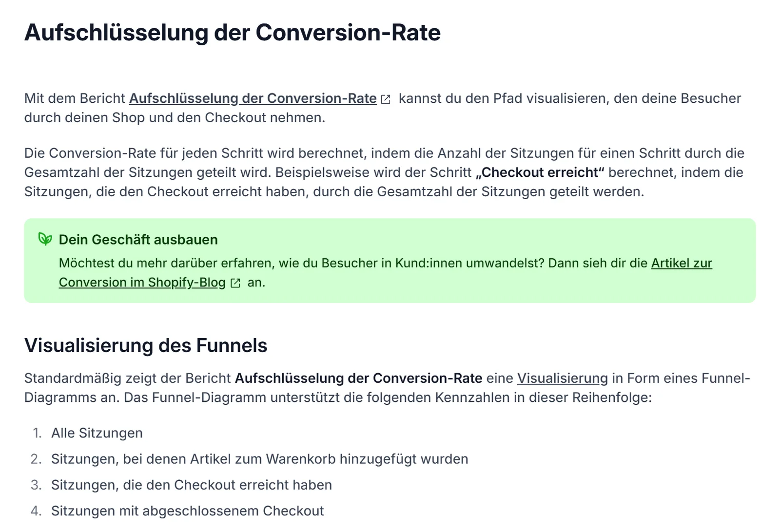 Ausschnitt der Shopify-Hilfe zum Bericht Aufschlüsselung der Conversion-Rate mit den vier Funnel-Stufen: alle Sitzungen, Sitzungen mit Artikeln im Warenkorb, Sitzungen mit erreichtem Checkout, Sitzungen mit abgeschlossenem Checkout