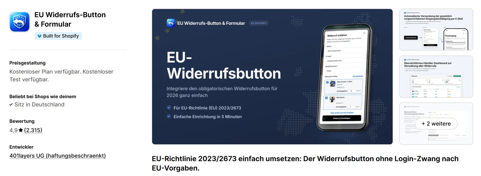 Eintrag der App EU Widerrufs-Button und Formular im Shopify App Store mit Gratis-Tarif, Bewertung 4,9 bei 2.315 Rezensionen und Entwickler 401layers